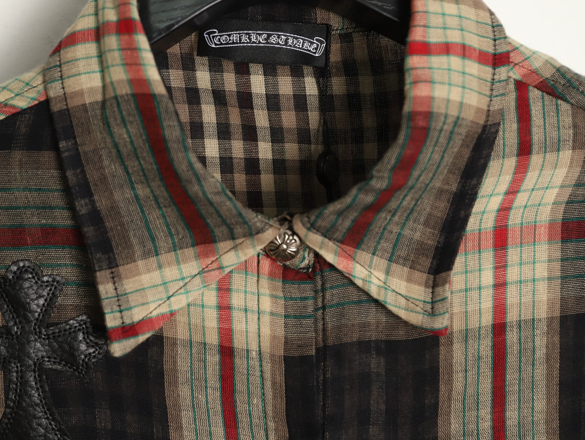 Leather Cross Patch Plaid Flannel Shirt