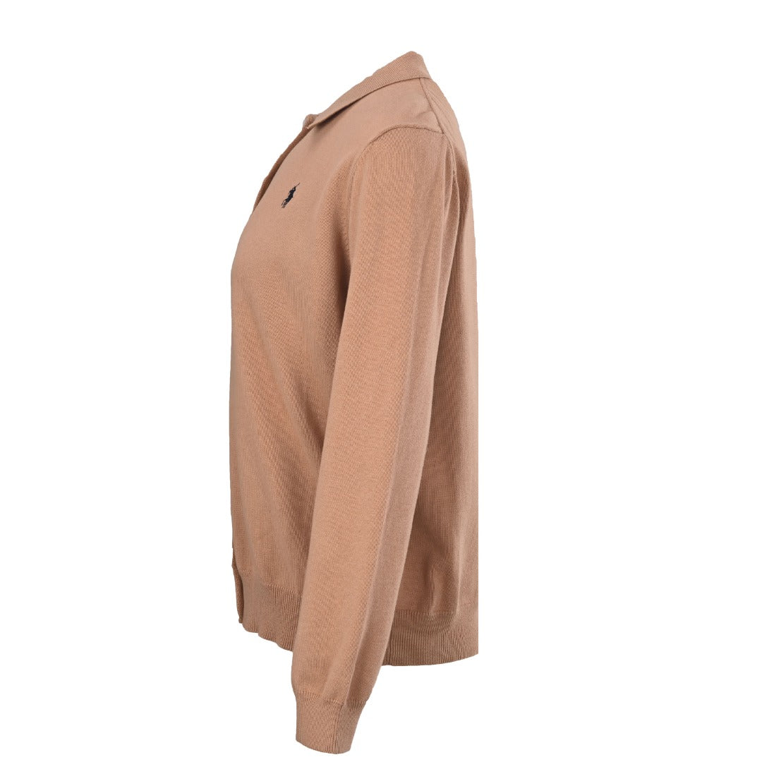 Cotton-Blend Polo Cardigan Camel Melange