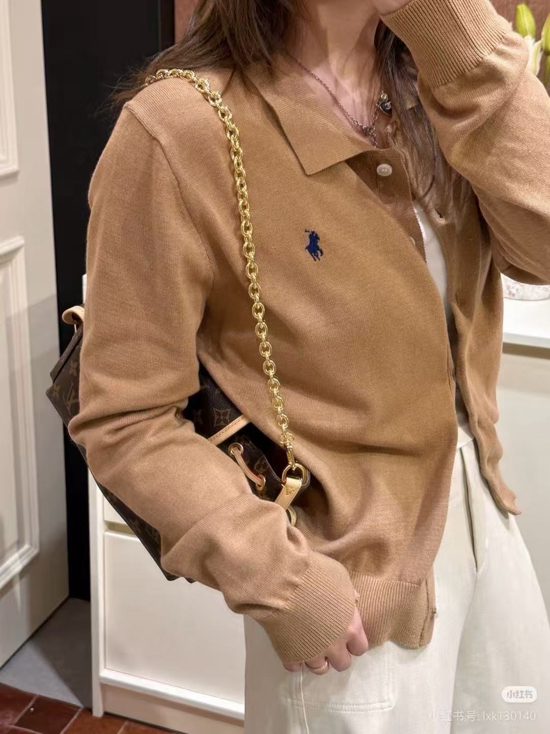 Cotton-Blend Polo Cardigan Camel Melange