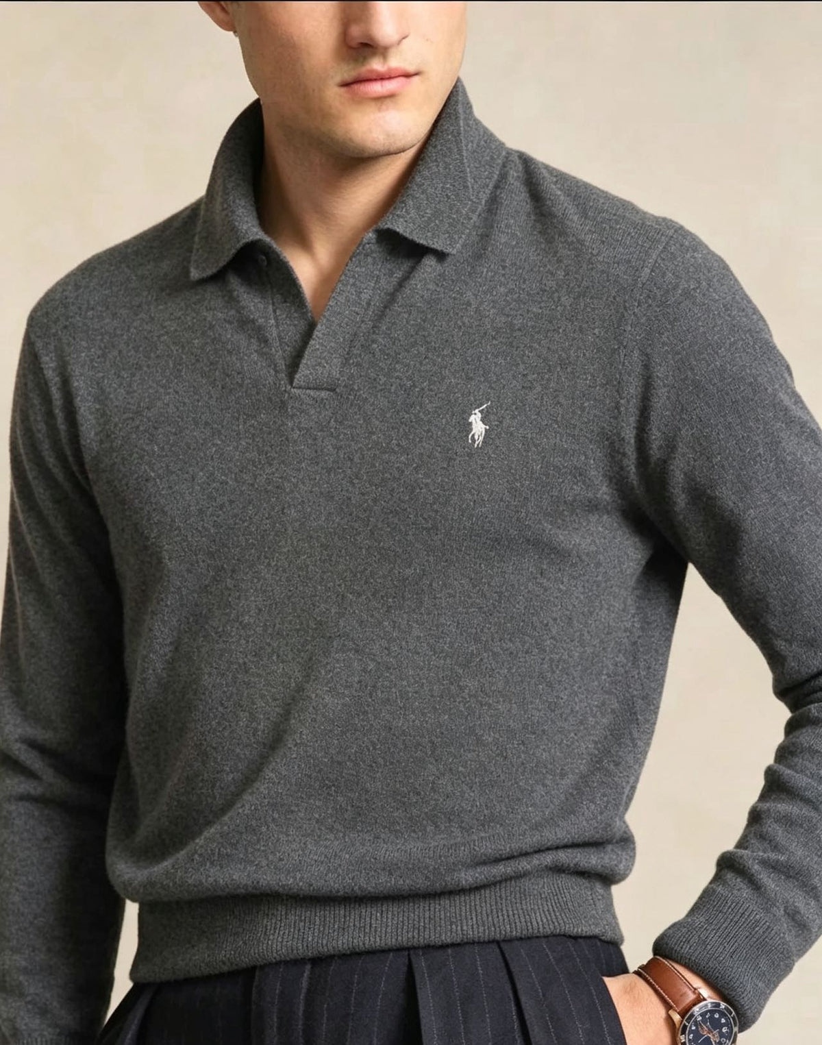 Long-Sleeve Knit Polo Dark Grey