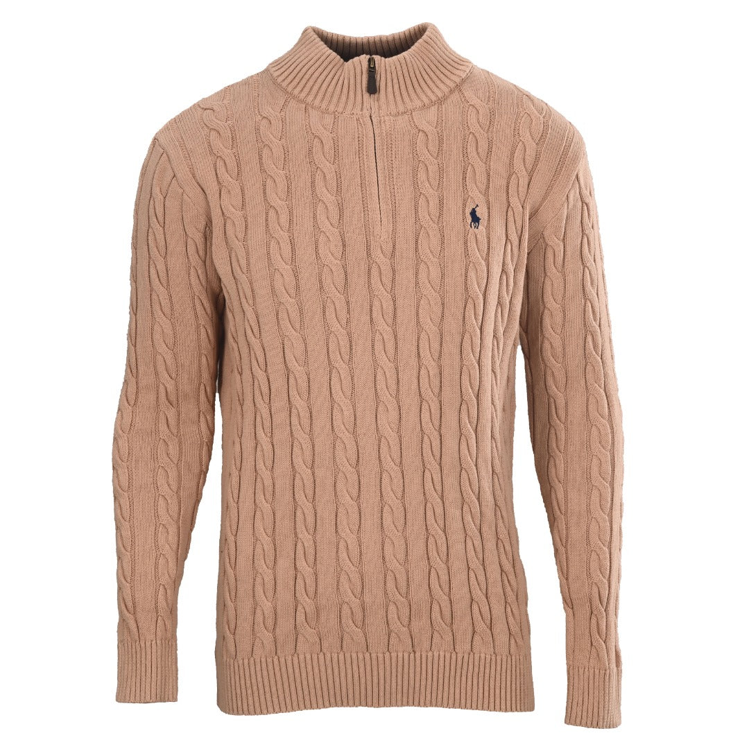 Cable-Knit Cotton Quarter-Zip Sweater Camel Melange