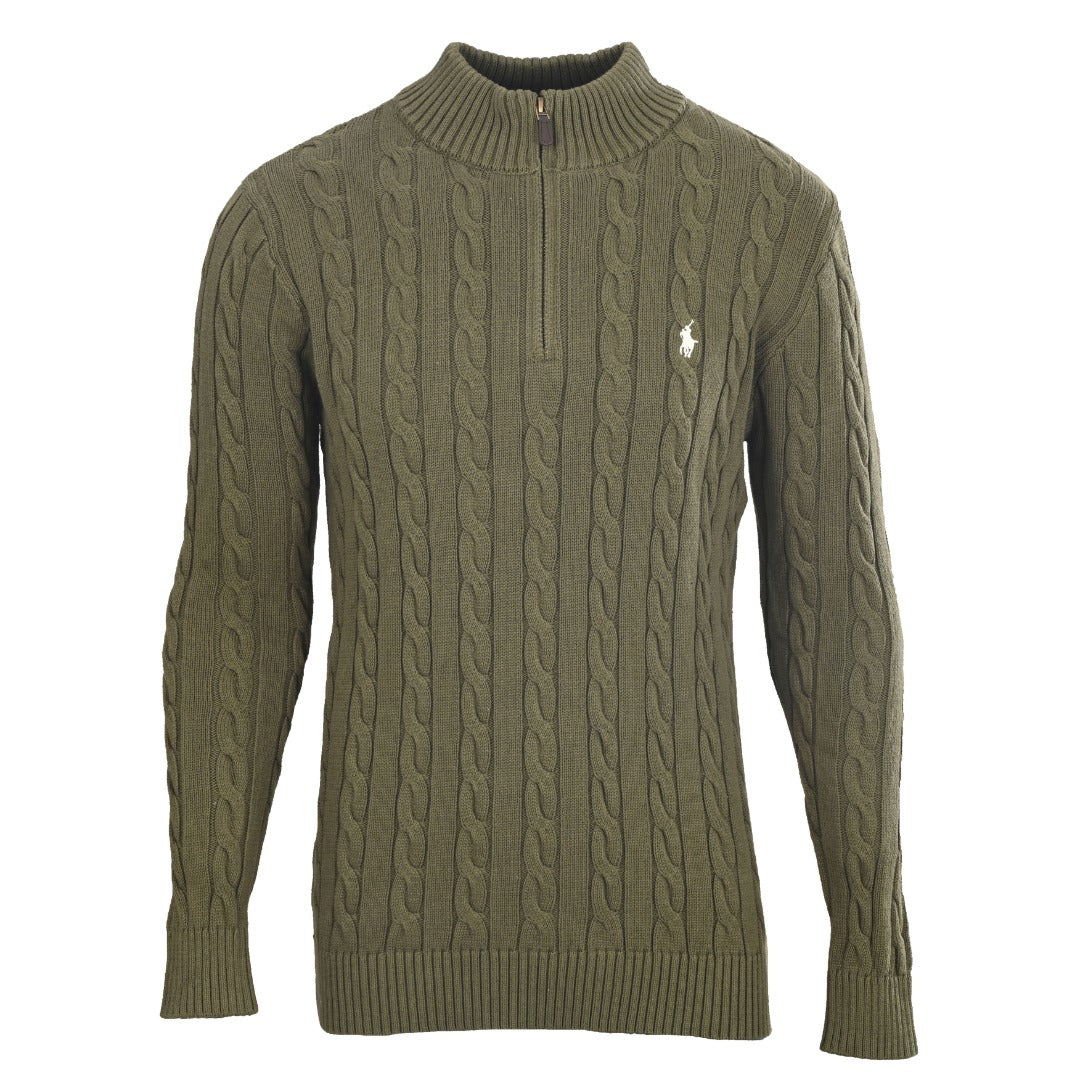 Cable-Knit Quarter-Zip Sweater Olive Green