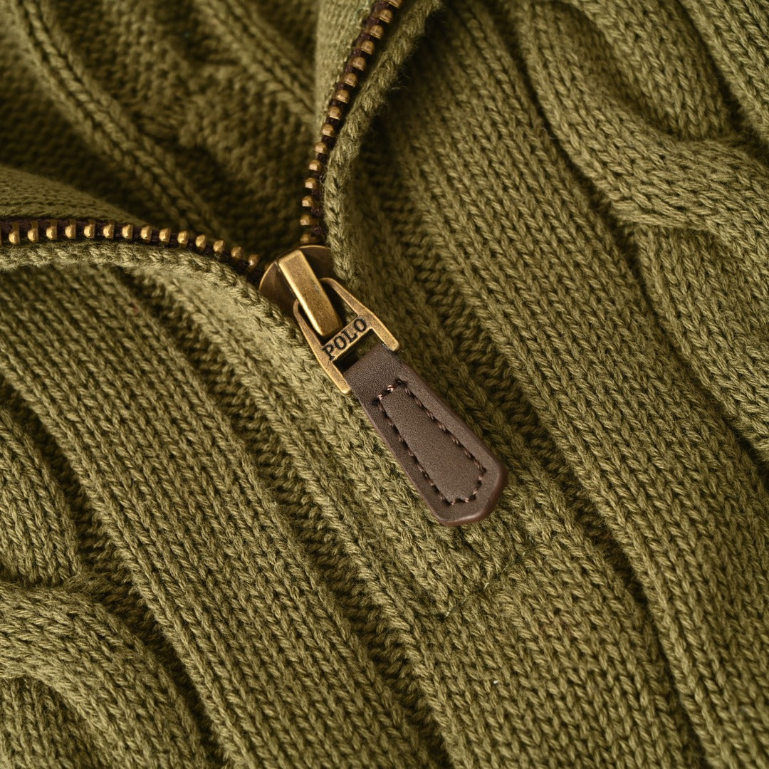 Cable-Knit Quarter-Zip Sweater Olive Green