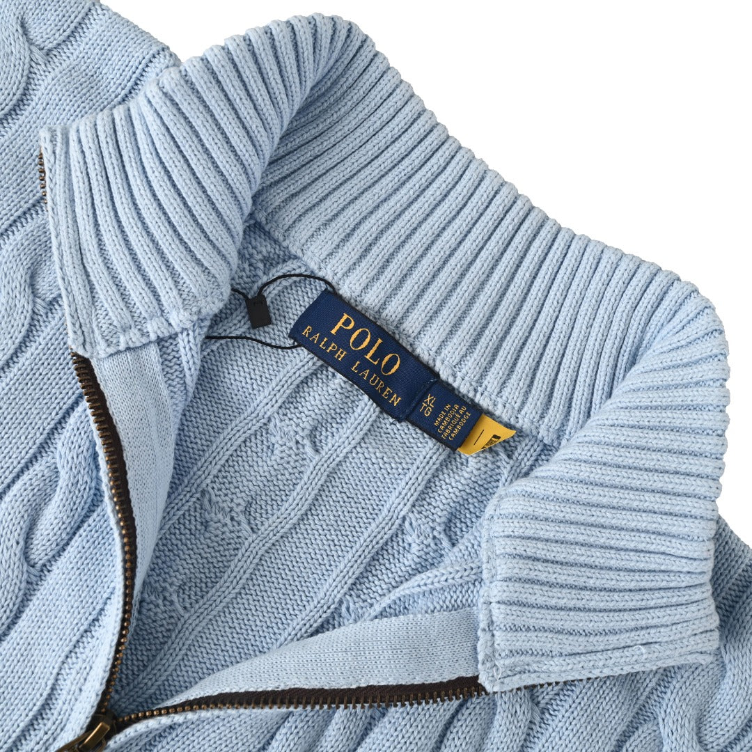 Cable-Knit Quarter-Zip Sweater Light Blue