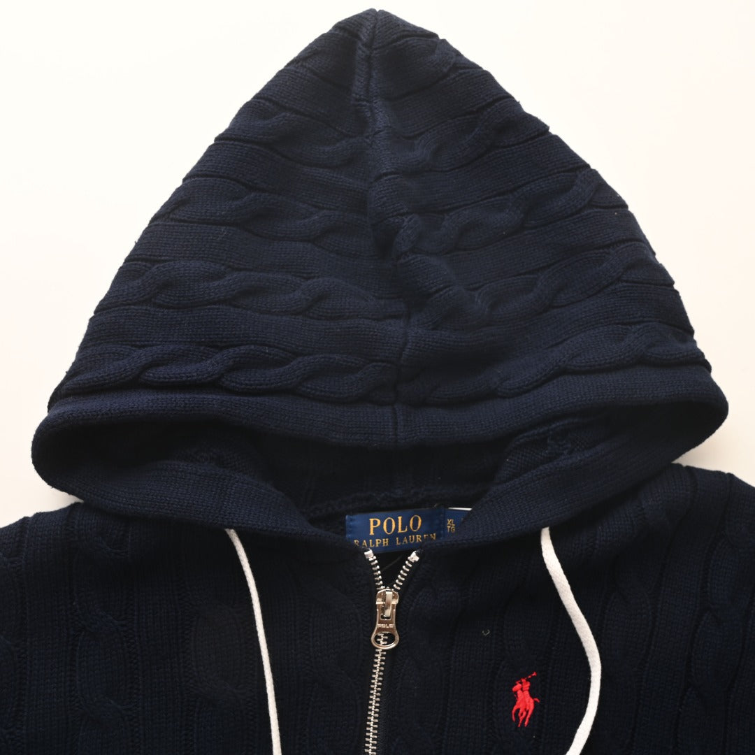 Women’s Cable-Knit Cotton Full-Zip Hoodie Navy Blue