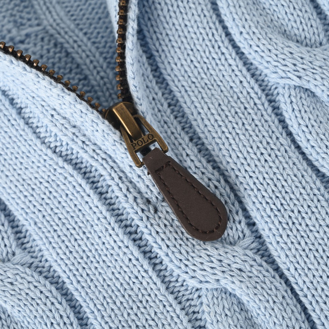 Cable-Knit Quarter-Zip Sweater Light Blue
