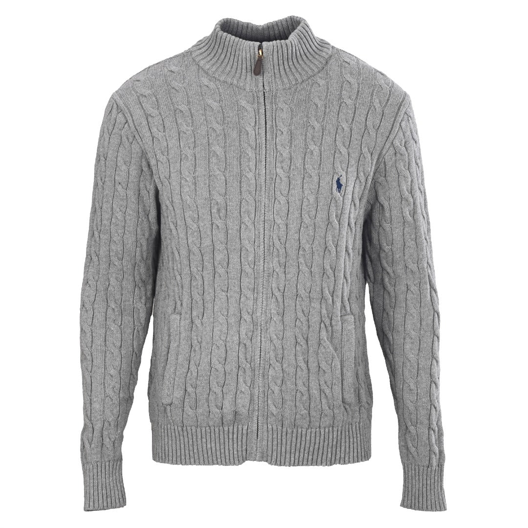 Cable-Knit Cotton Full-Zip Sweater Grey