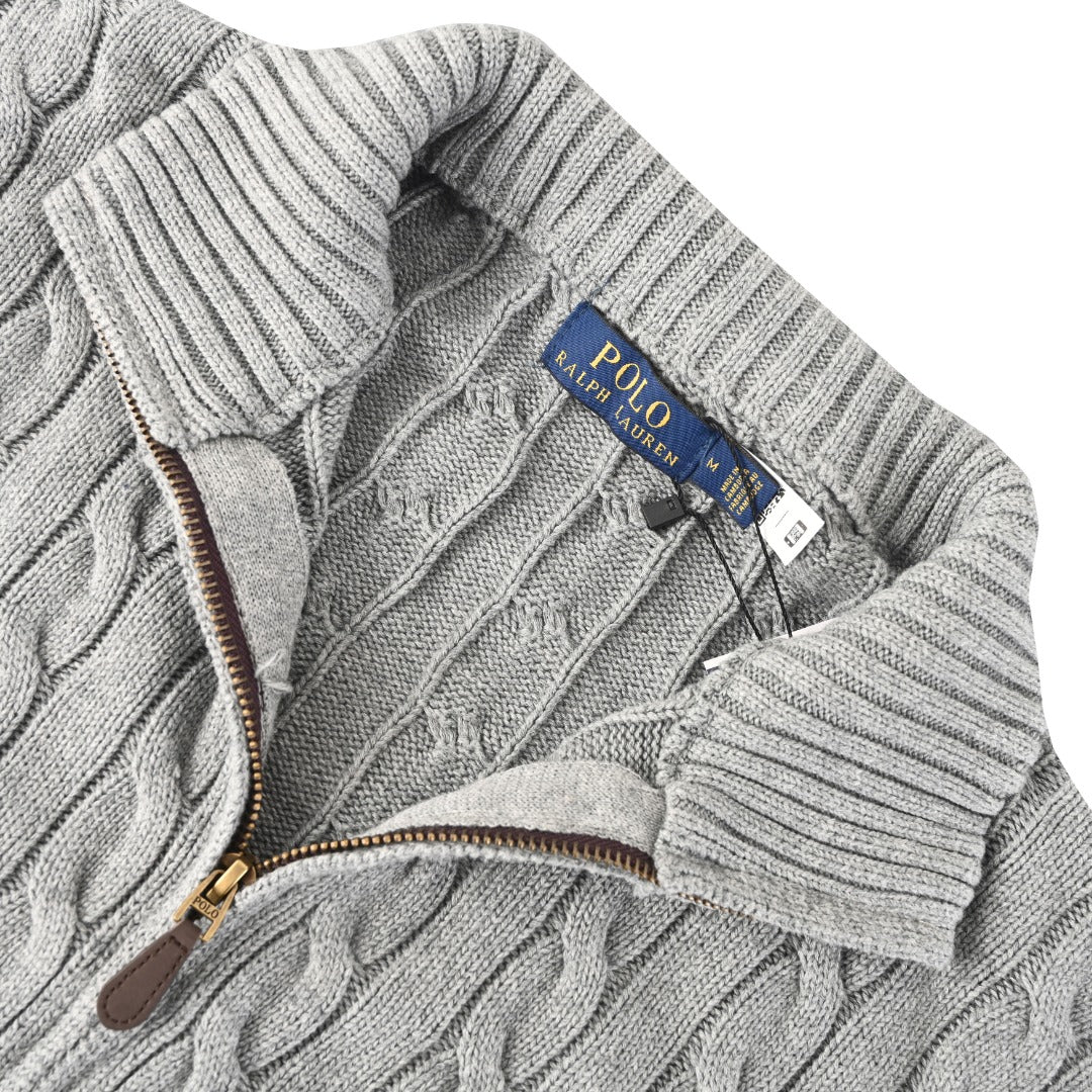 Cable-Knit Cotton Full-Zip Sweater Grey