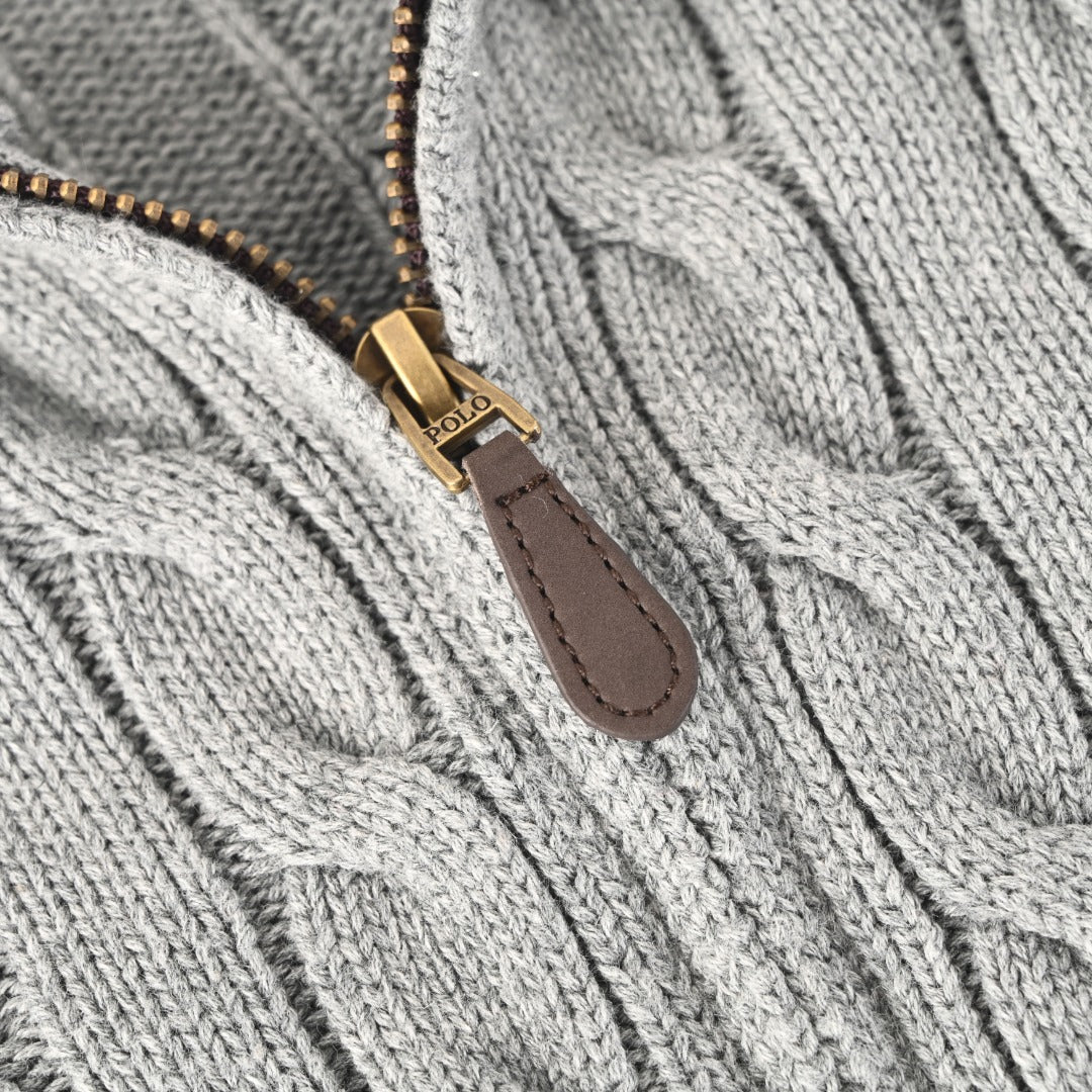 Cable-Knit Cotton Full-Zip Sweater Grey