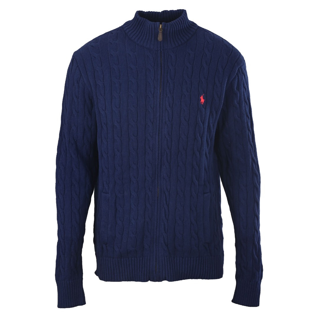 Cable-Knit Cotton Full-Zip Sweater Navy Blue
