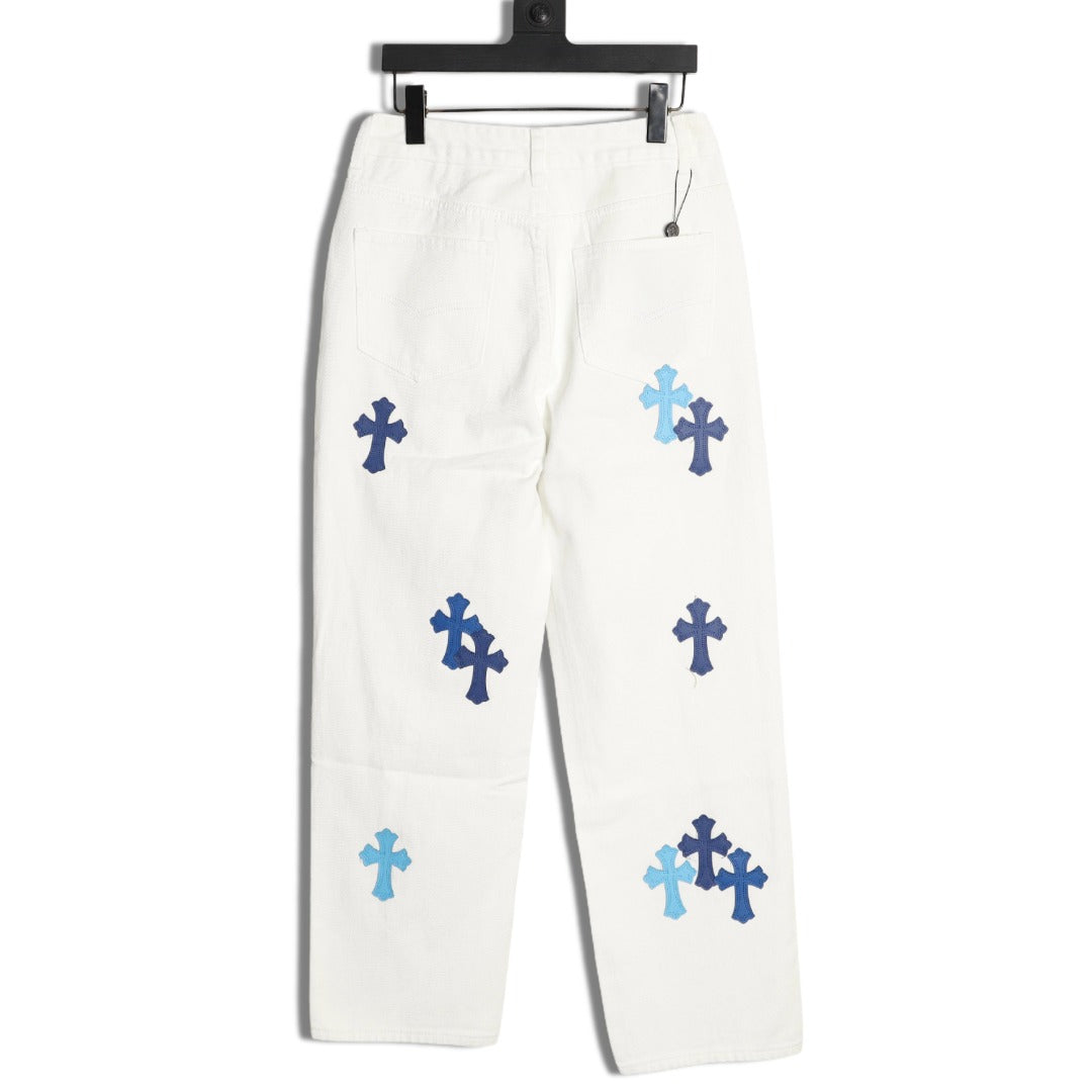Leather Cross Patch Denim Jeans White & Blue