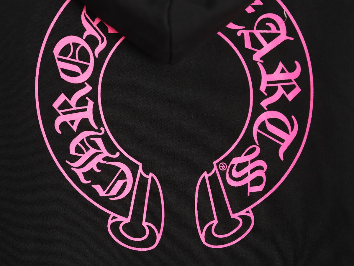 Horseshoe Floral Cross Sleeve Zip-Up Hoodie Black & Pink