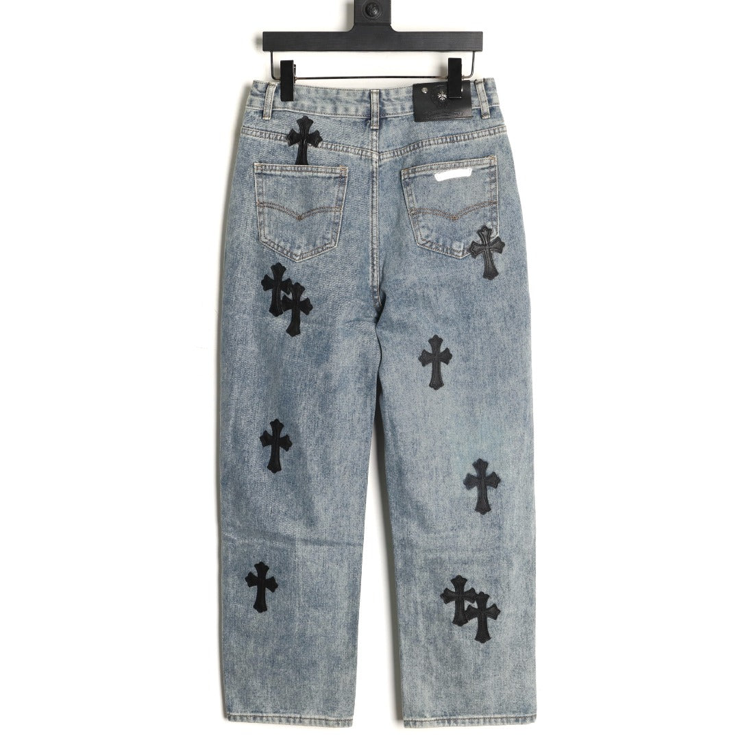 Cross Patch Straight-Leg Denim Jeans Light Blue & Black