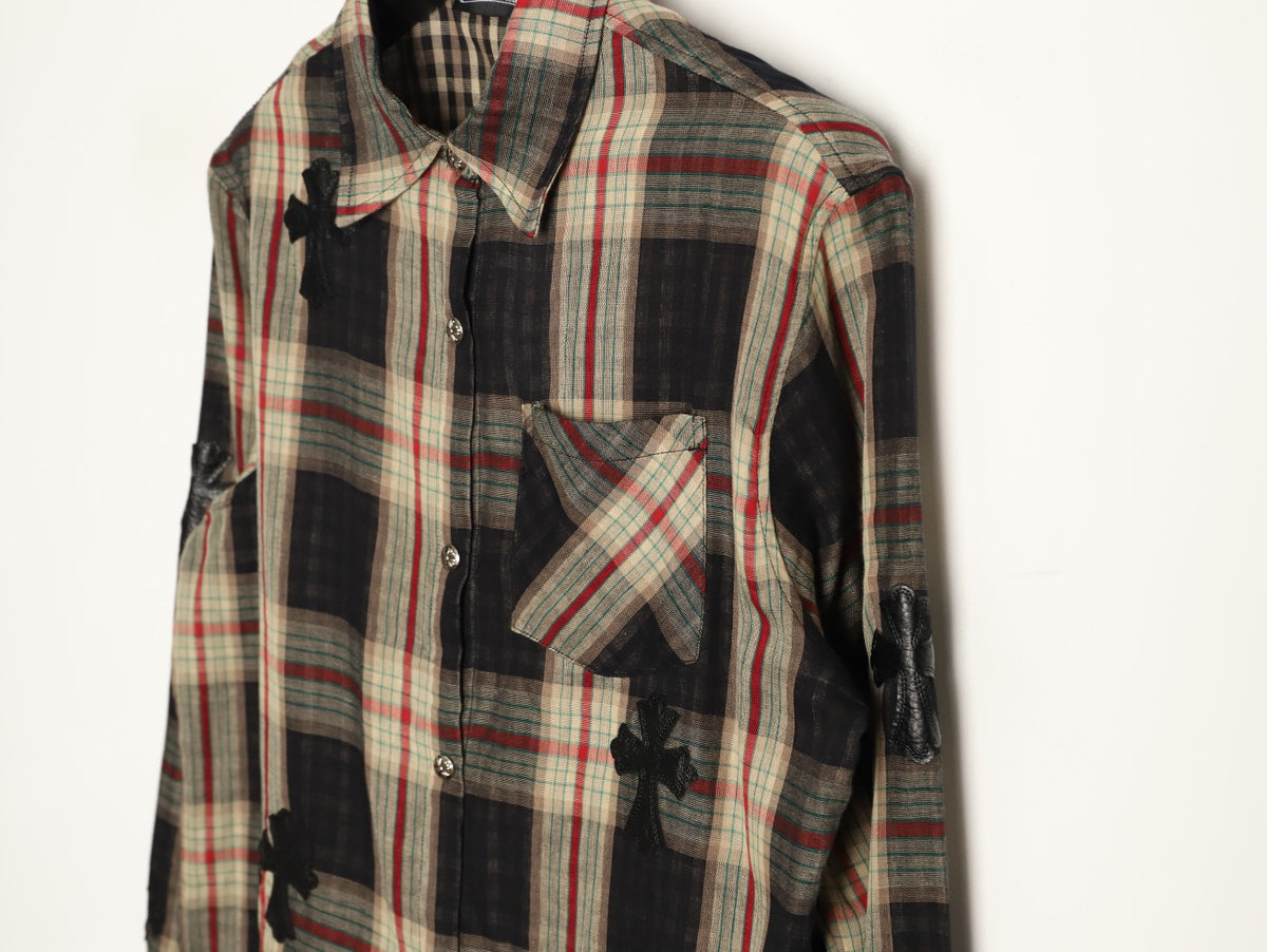 Leather Cross Patch Plaid Flannel Shirt