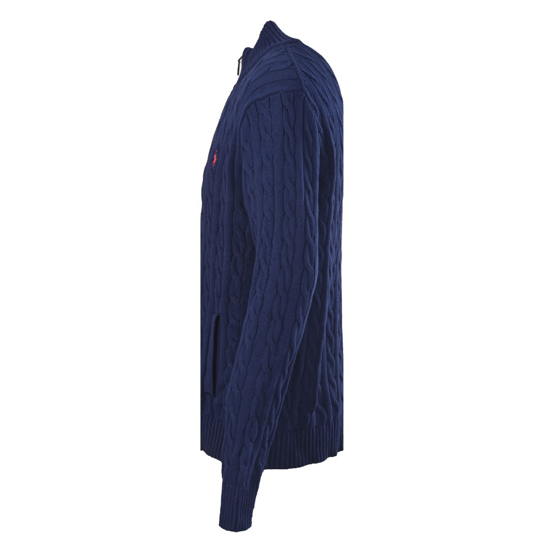 Cable-Knit Cotton Full-Zip Sweater Navy Blue