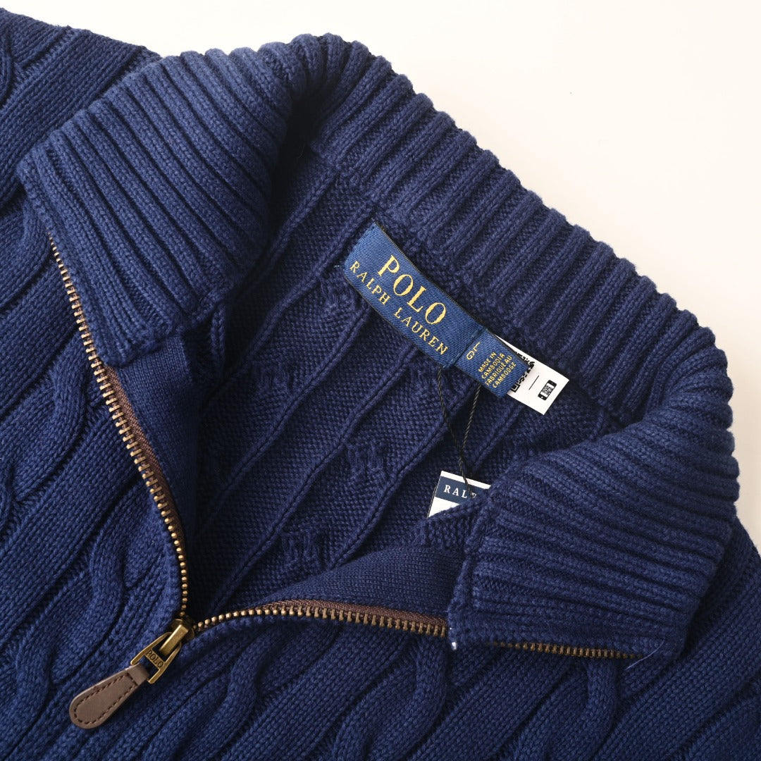 Cable-Knit Cotton Full-Zip Sweater Navy Blue