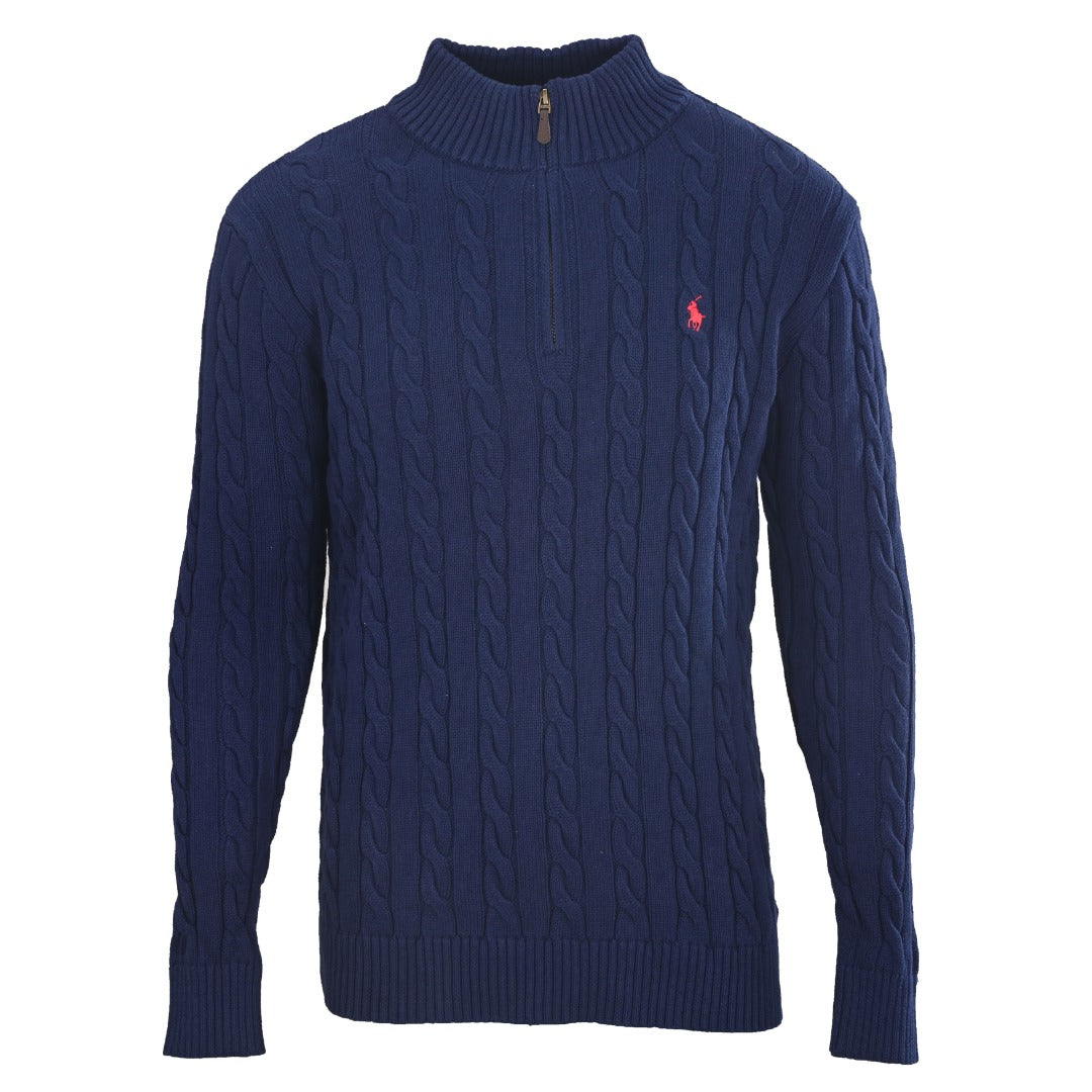Cable-Knit Quarter-Zip Sweater Navy Blue