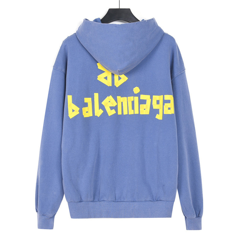 Tape Logo Distressed Hoodie Faded Blue