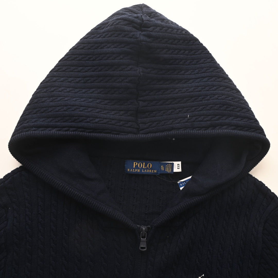 Mini-Cable Cotton Full-Zip Hoodie Navy Blue