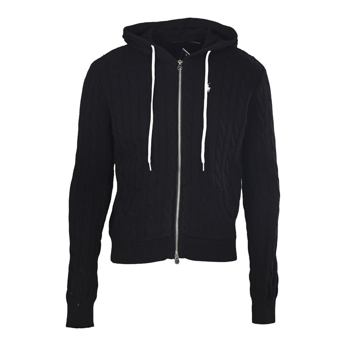 Cable-Knit Cotton Full-Zip Hoodie Polo Black