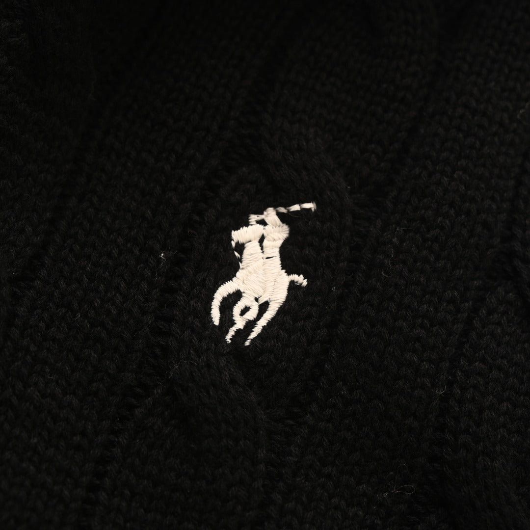 Cable-Knit Cotton Full-Zip Hoodie Polo Black