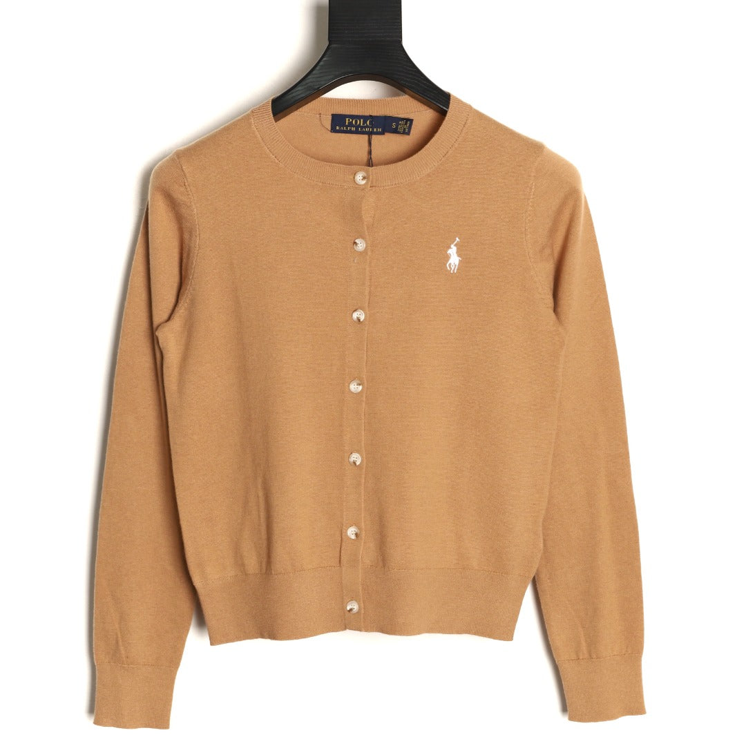 Stretch Cotton-Blend Crewneck Cardigan Camel