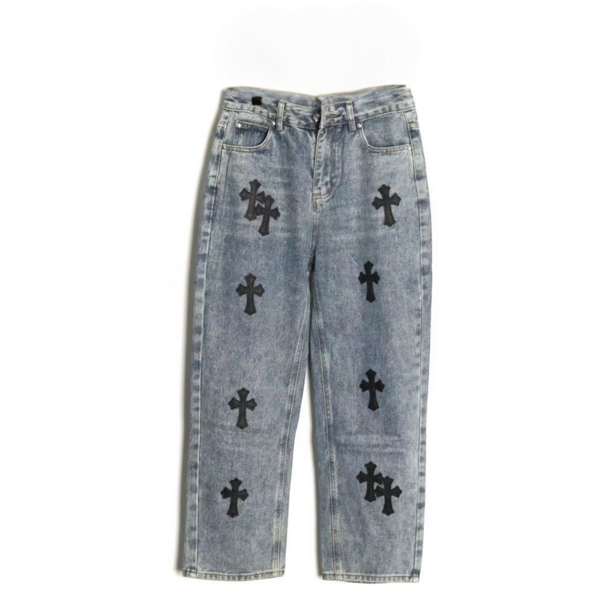 Cross Patch Straight-Leg Denim Jeans Light Blue & Black
