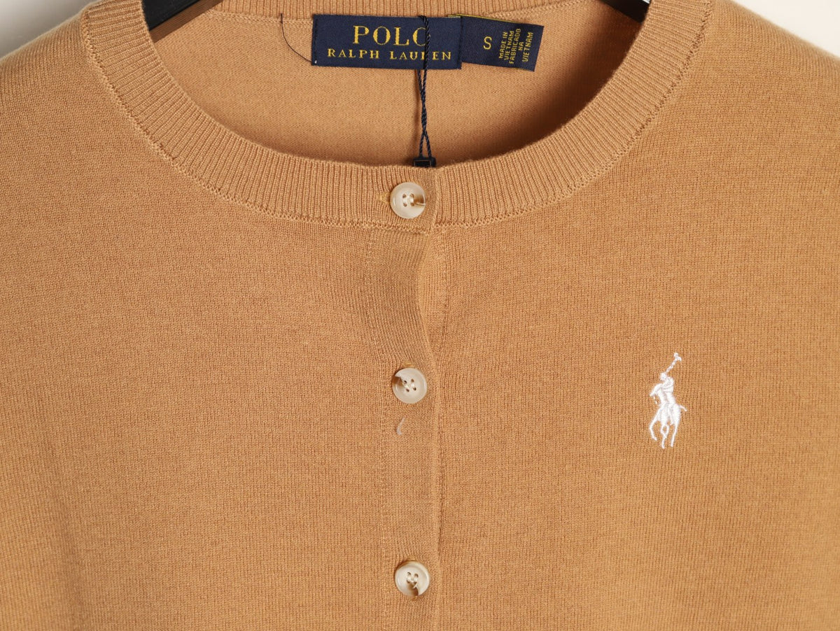 Stretch Cotton-Blend Crewneck Cardigan Camel