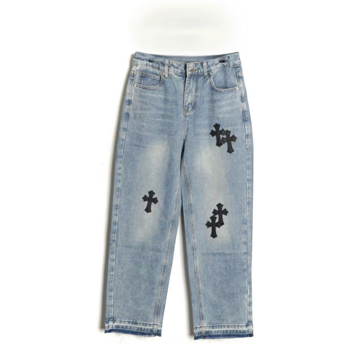Gothic Cross Patch Denim Jeans Light Blue Wash