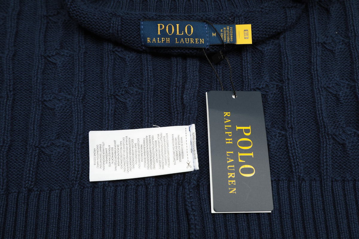 Cable-Knit Crewneck Sweater Dark Navy Blue