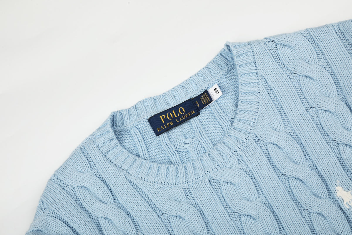 Cable-Knit Cotton Crewneck Sweater Light Blue