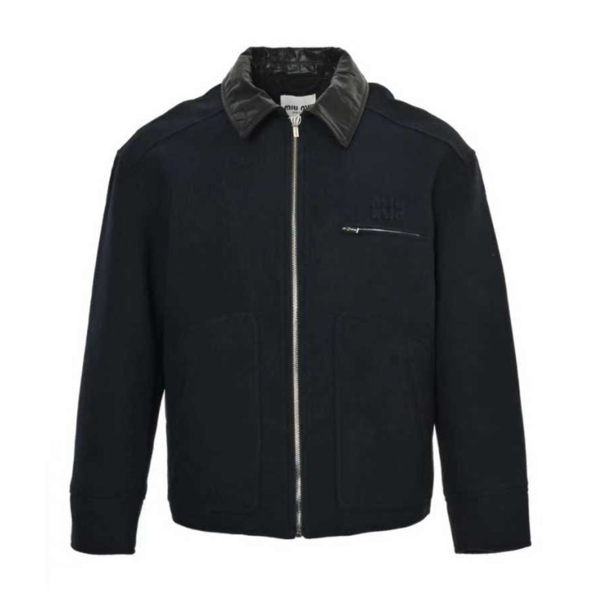 Leather-Collar Blouson Navy Blue
