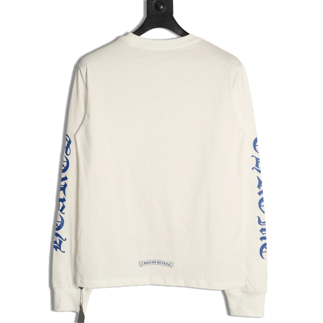 Neck Script Logo Long Sleeve T-Shirt White & Blue