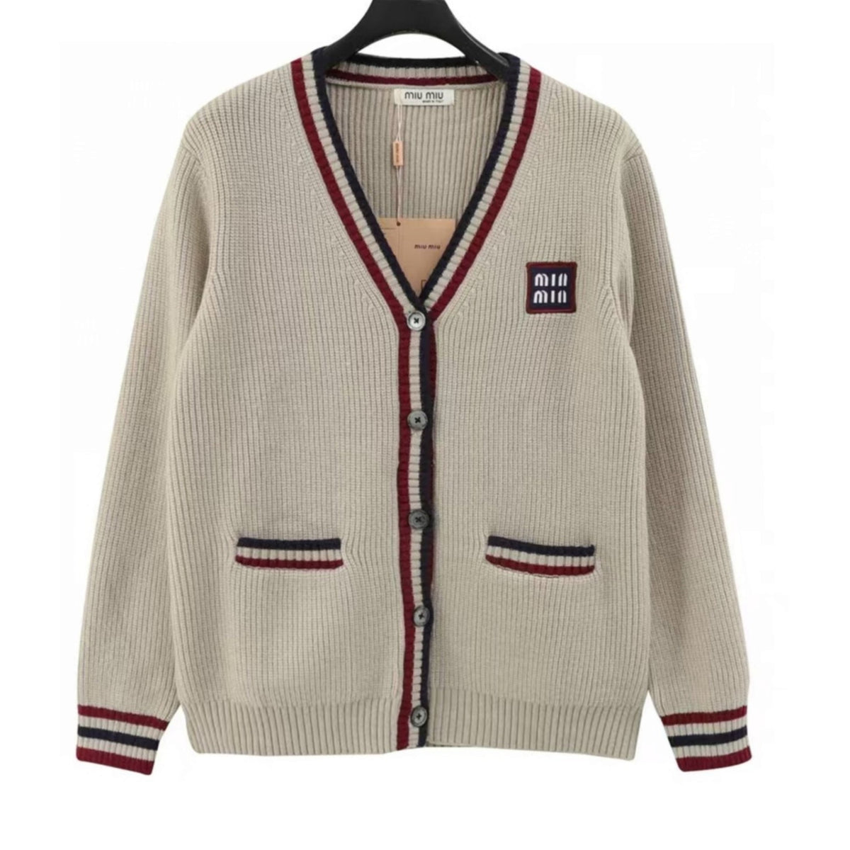 Stripe-Detail V-Neck Beige