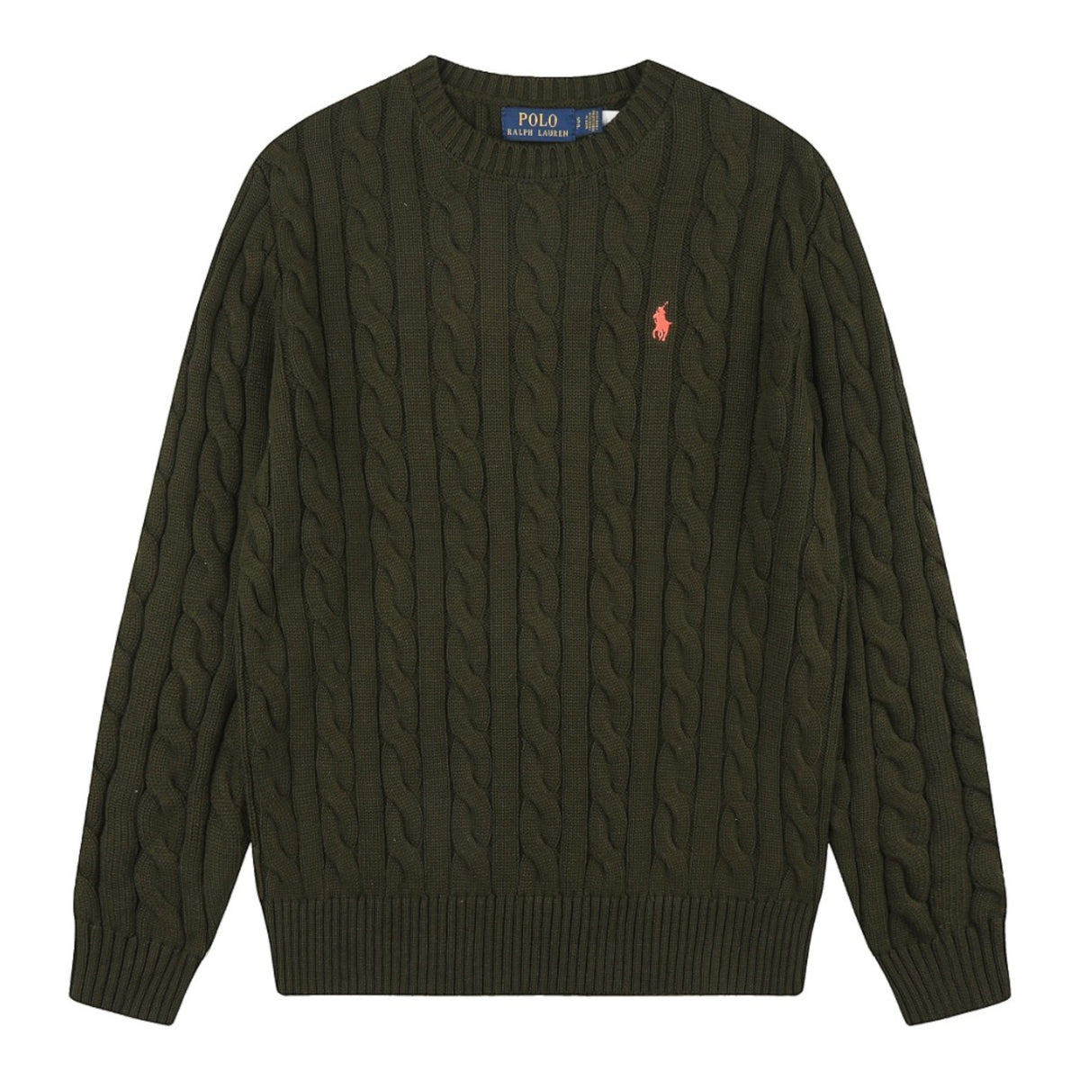 Cable-Knit Cotton Crewneck Sweater Olive Green