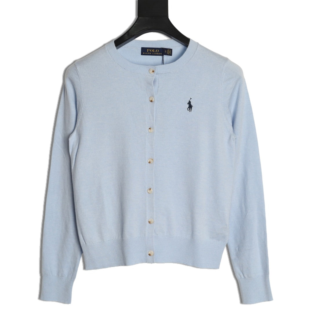 Stretch Cotton-Blend Crewneck Cardigan Light Blue