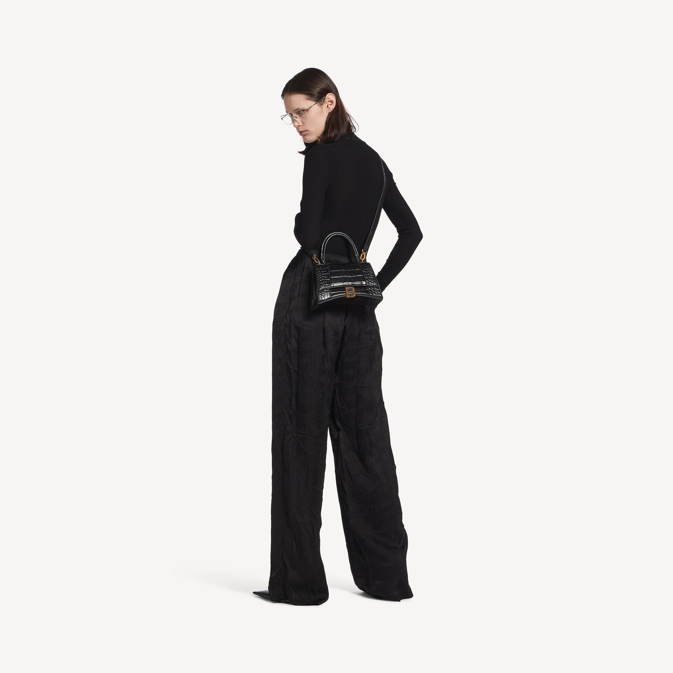 Balenciaga Hourglass Small Handbag in Black Crocodile-Embossed Calfskin