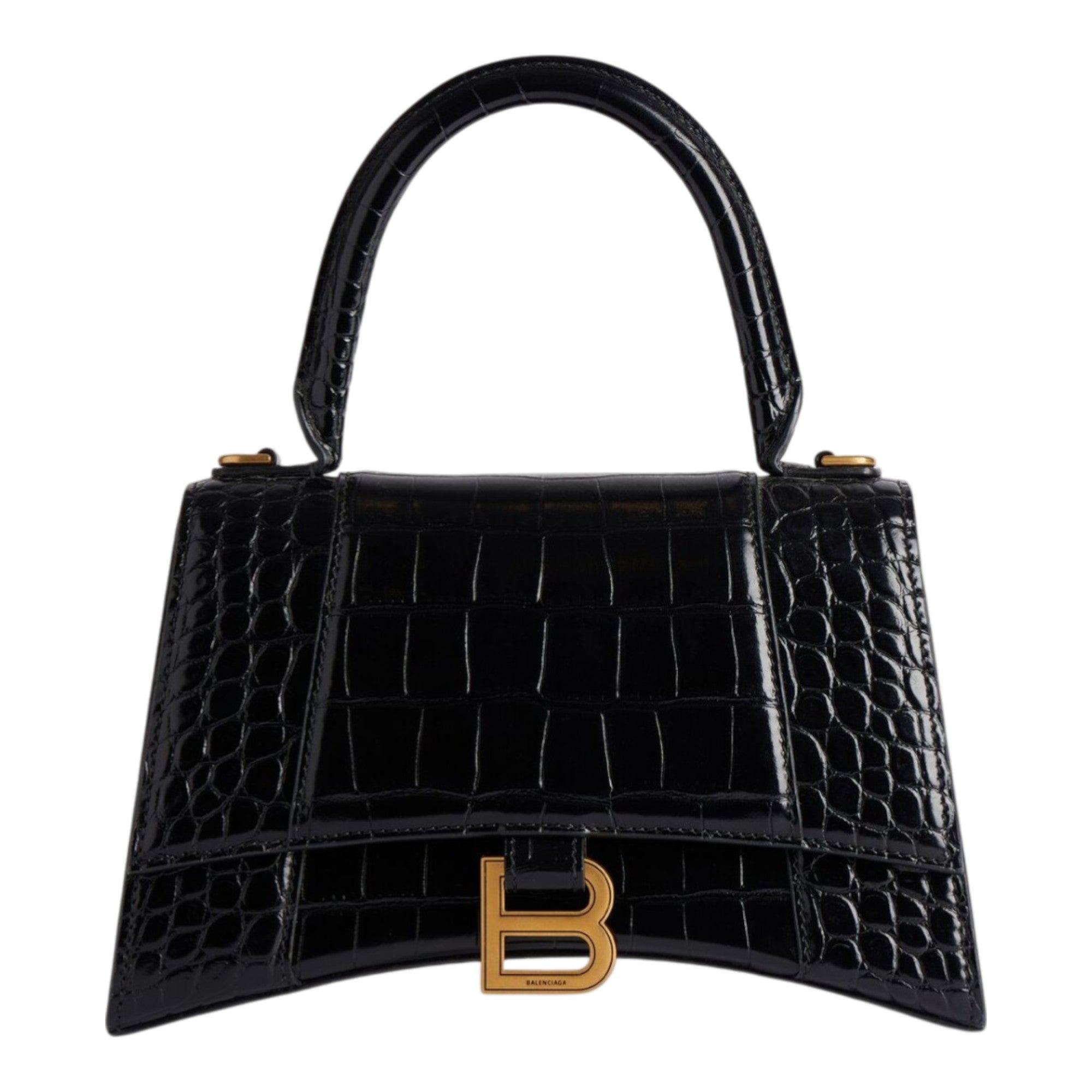 Balenciaga Hourglass Small Handbag in Black Crocodile-Embossed Calfskin
