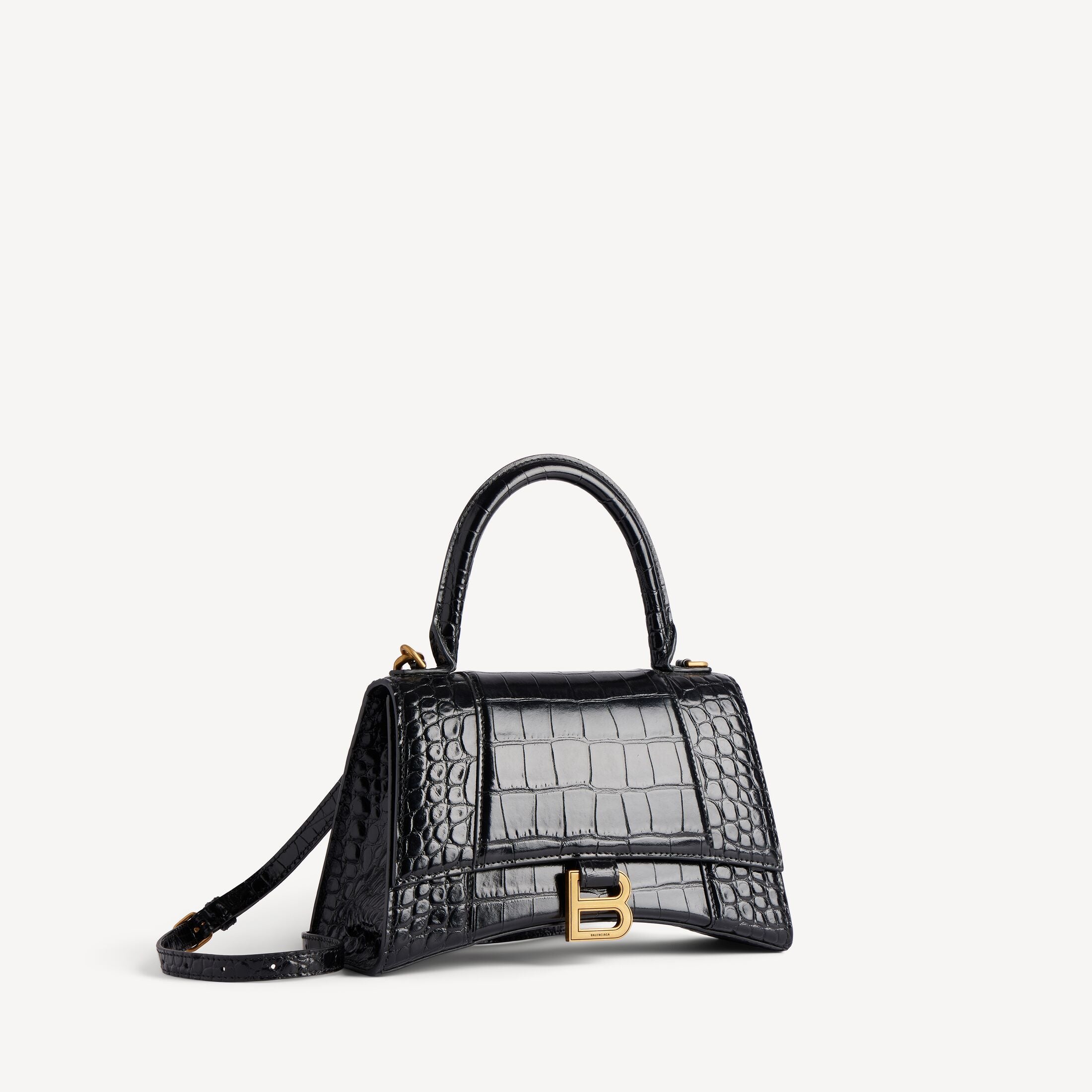 Balenciaga Hourglass Small Handbag in Black Crocodile-Embossed Calfskin
