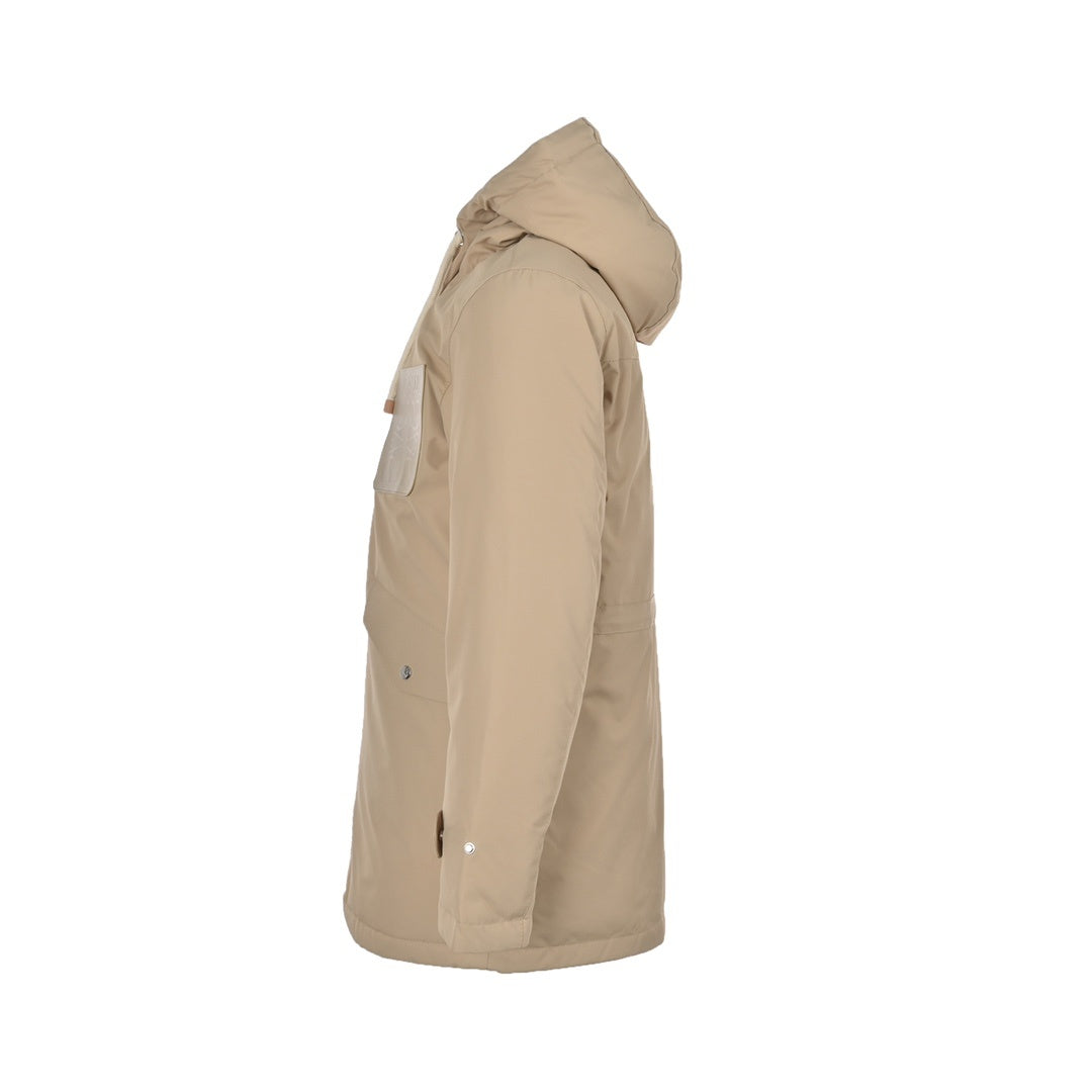 Anagram Leather-Pocket Hooded Parka Beige