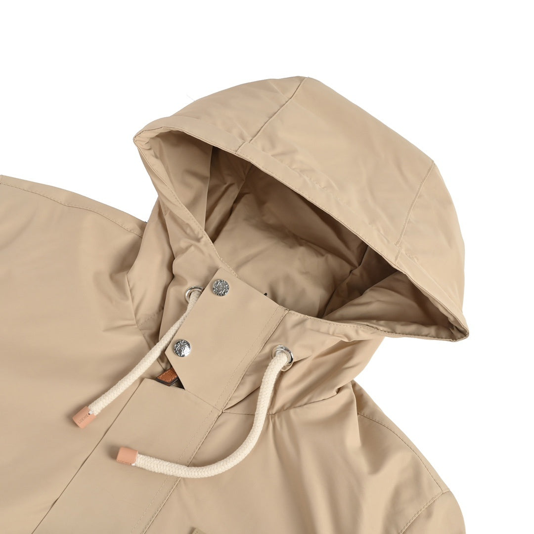 Anagram Leather-Pocket Hooded Parka Beige