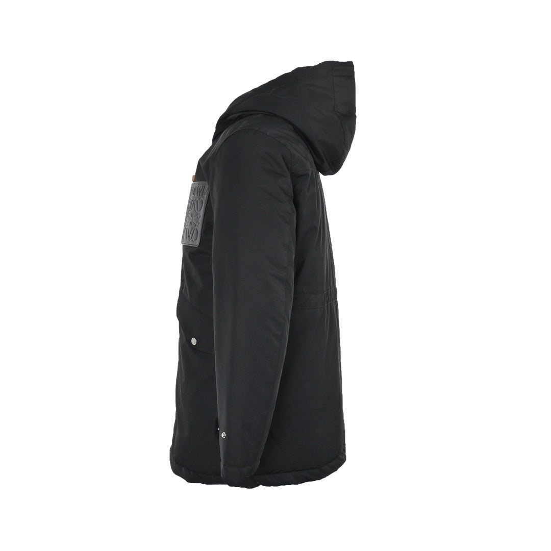 Anagram Leather-Pocket Hooded Parka Black