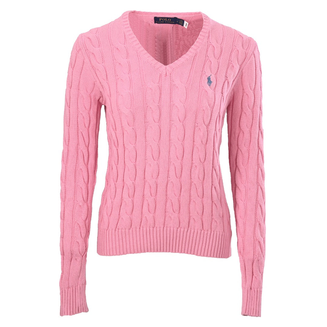 Cotton Cable-Knit V-Neck Sweater Carmel Pink
