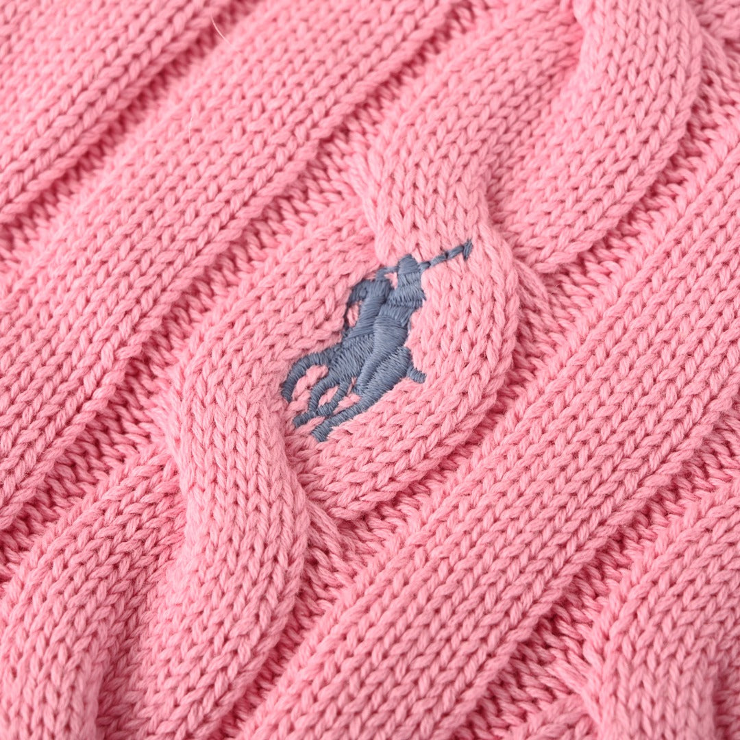 Cotton Cable-Knit V-Neck Sweater Carmel Pink