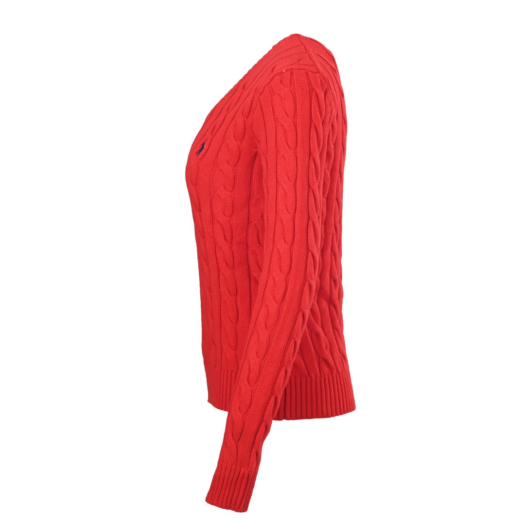 Cable-Knit V-Neck Sweater Red
