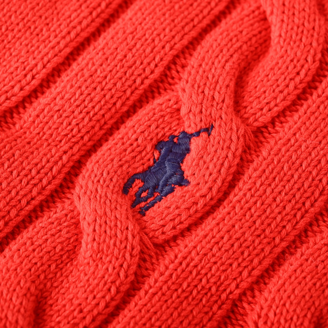 Cable-Knit V-Neck Sweater Red