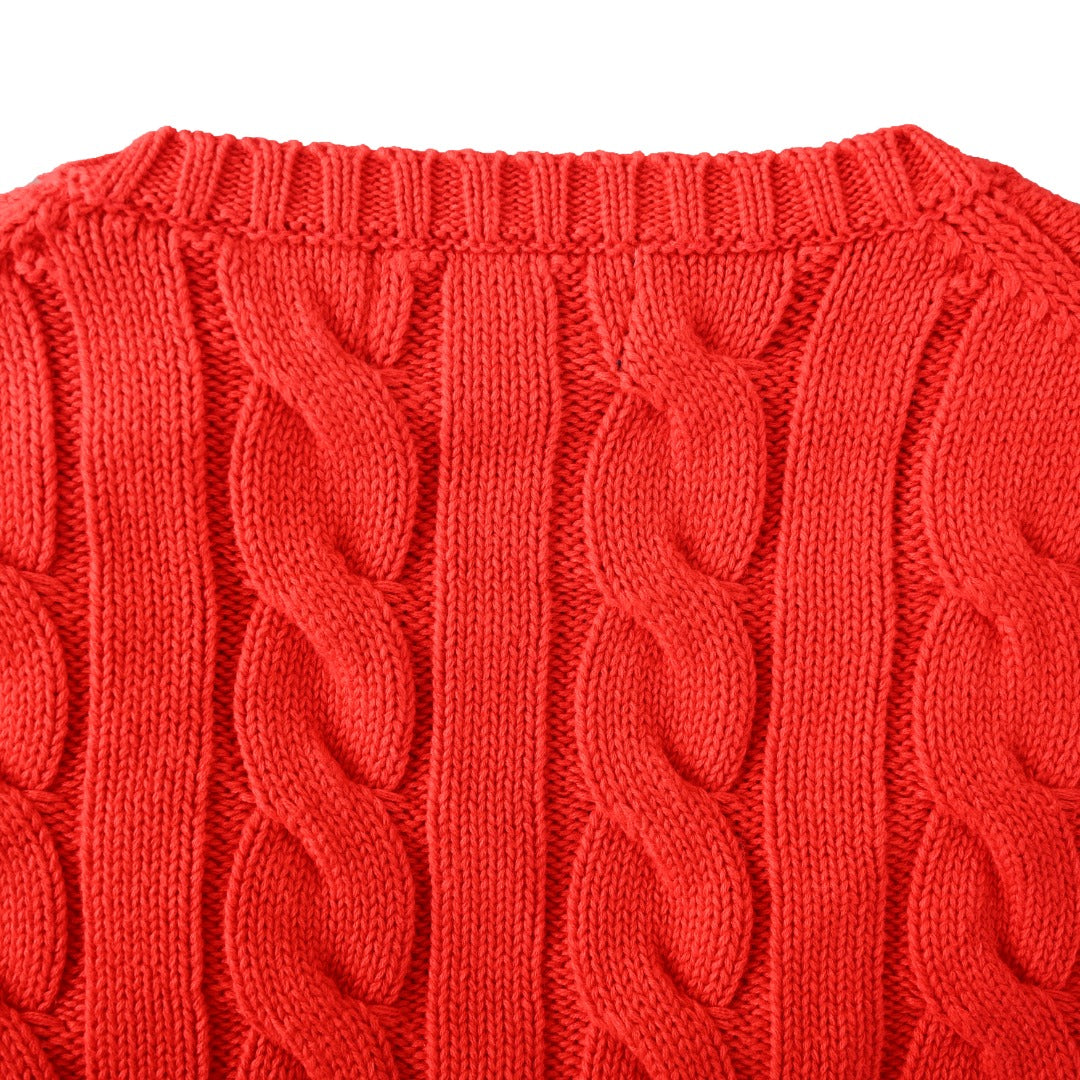 Cable-Knit V-Neck Sweater Red