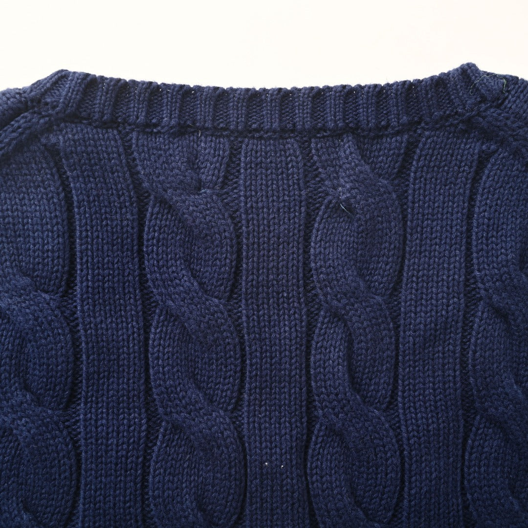 Cable-Knit V-Neck Sweater Navy Blue