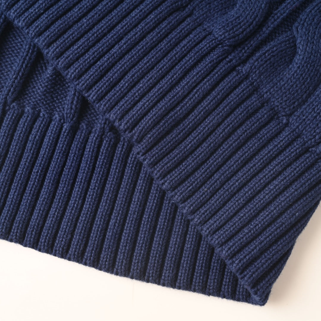 Cable-Knit V-Neck Sweater Navy Blue