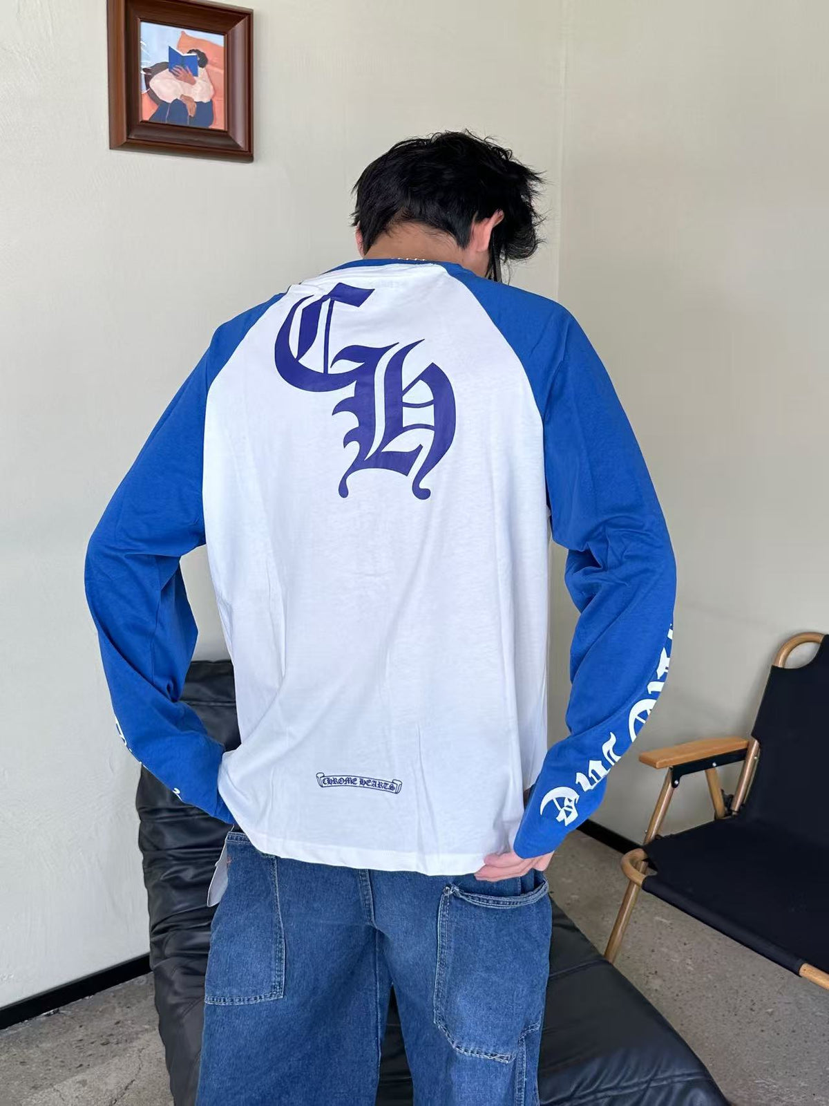Horseshoe Baseball Long Sleeve T-Shirt White & Blue
